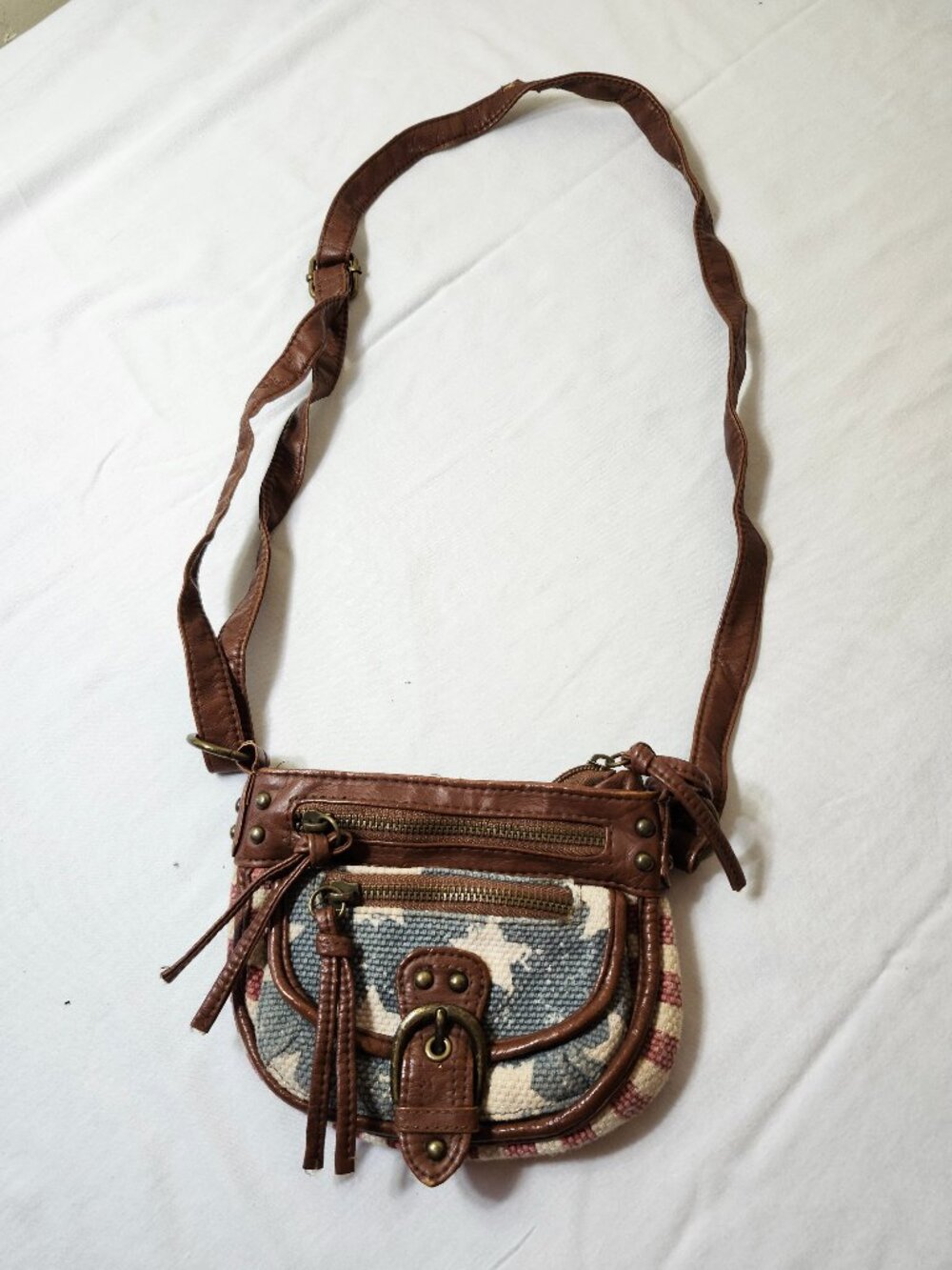 Mudd Crossbody Handbag Women American Flag Cotton Faux Leather Shoulder Bag